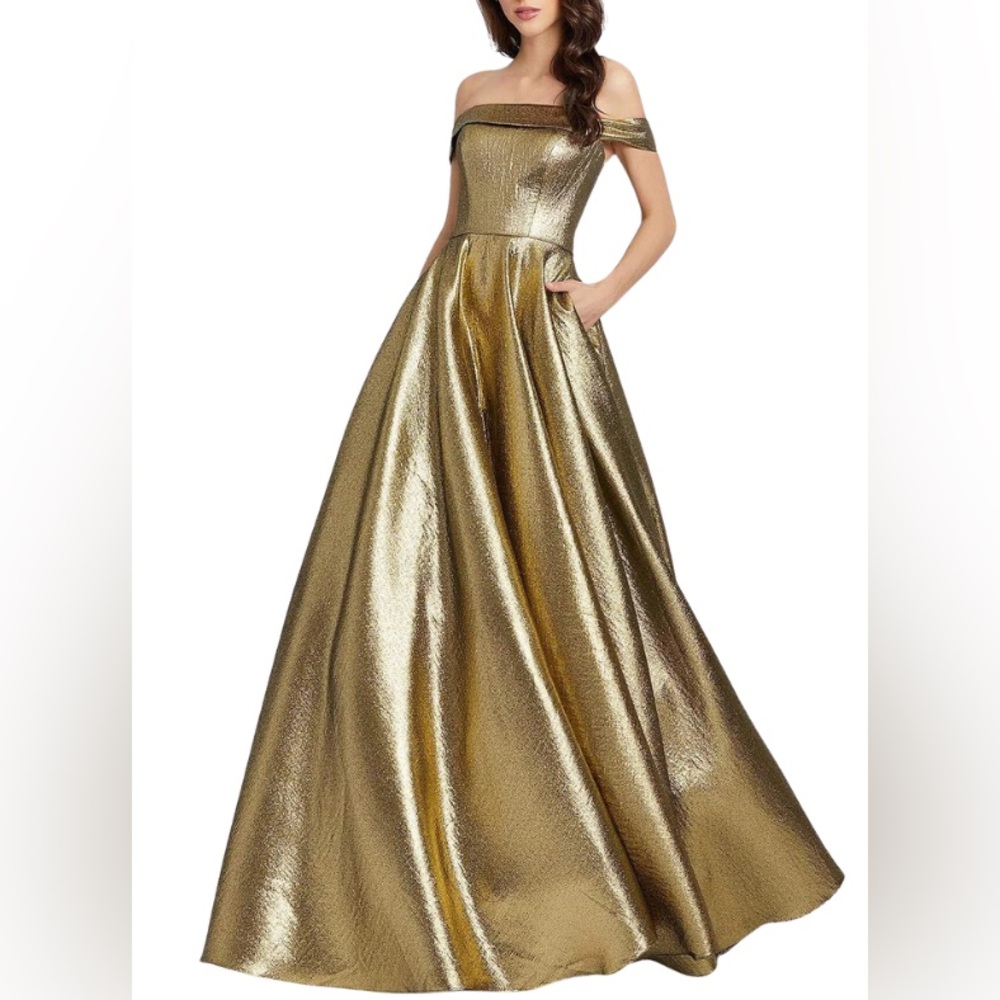 Mac Duggal Gold Off The Shoulder Metallic Ballgown Dress
